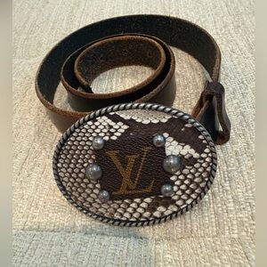 Brown Leather Belt with Snake Print Buckle